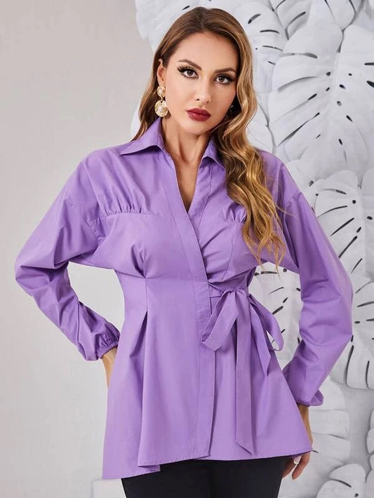 CM-TS680211 Women Elegant Seoul Style Drop Shoulder Knot Side Longline Blouse