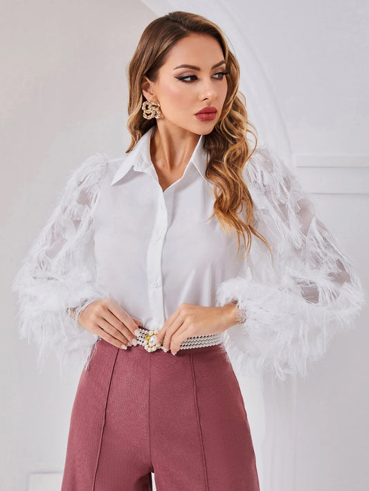 CM-TS817731 Women Elegant Seoul Style Fuzzy Bishop Sleeve Solid Blouse - White
