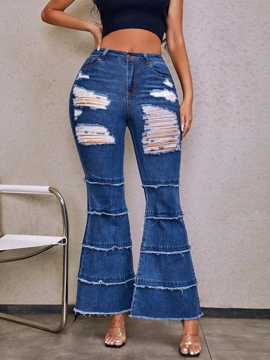 CM-BS033044 Women Casual Seoul Style Zipper Fly Ripped Flare Hem Jeans