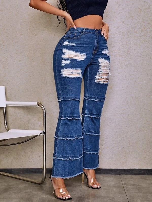 CM-BS033044 Women Casual Seoul Style Zipper Fly Ripped Flare Hem Jeans