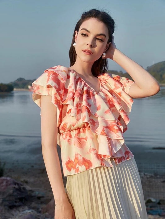CM-TS889366 Women Trendy Bohemian Style Tie Dye Layered Ruffle Trim Peplum Blouse