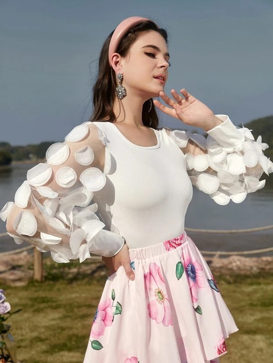 CM-TS247859 Women Elegant Seoul Style Contrast Applique Mesh Bishop Sleeve Top