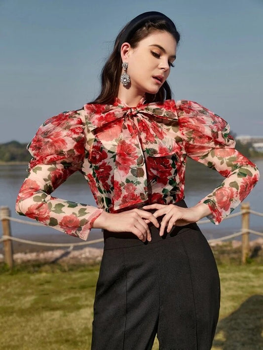 CM-TS346123 Women Trendy Bohemian Style Floral Print Gigot Sleeve Tie Neck Blouse