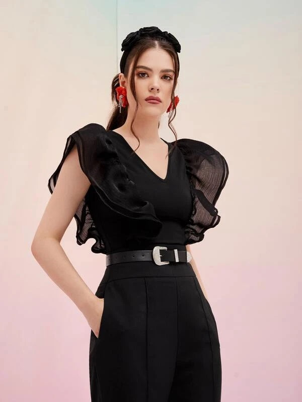 CM-TS493952 Women Elegant Seoul Style Layered Ruffle Trim Bodysuit - Black
