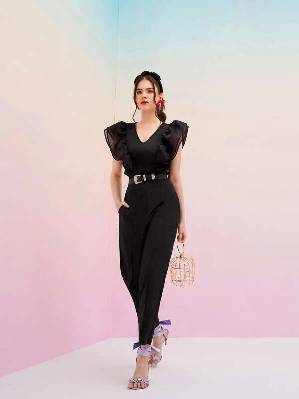 CM-TS493952 Women Elegant Seoul Style Layered Ruffle Trim Bodysuit - Black