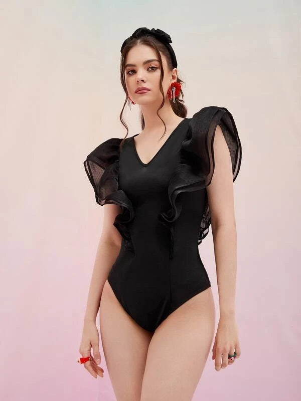 CM-TS493952 Women Elegant Seoul Style Layered Ruffle Trim Bodysuit - Black
