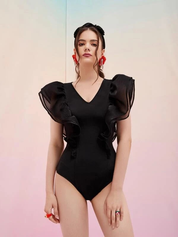 CM-TS493952 Women Elegant Seoul Style Layered Ruffle Trim Bodysuit - Black