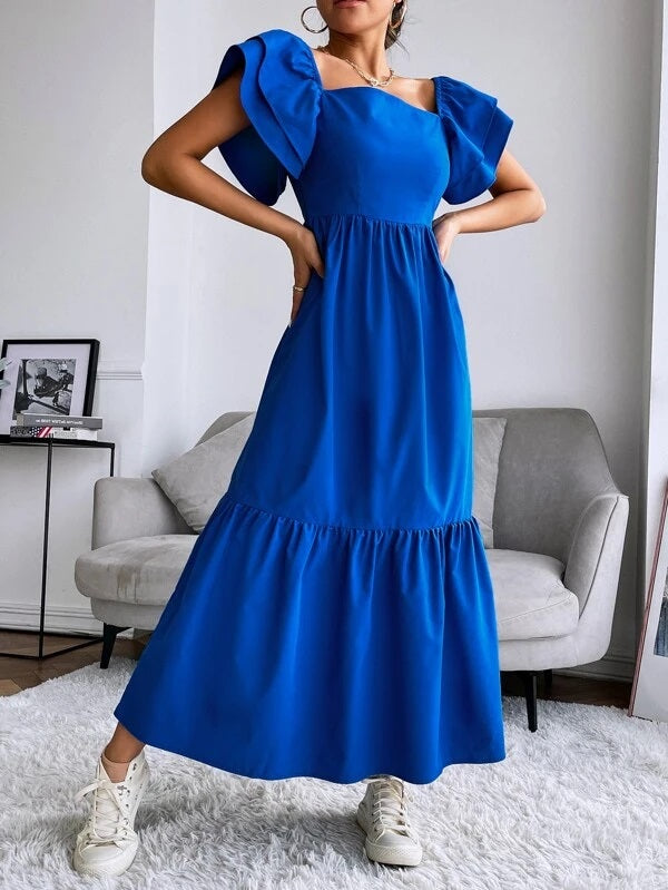 CM-DS186133 Women Trendy Bohemian Style Layered Sleeve Ruffle Hem Dress - Royal Blue
