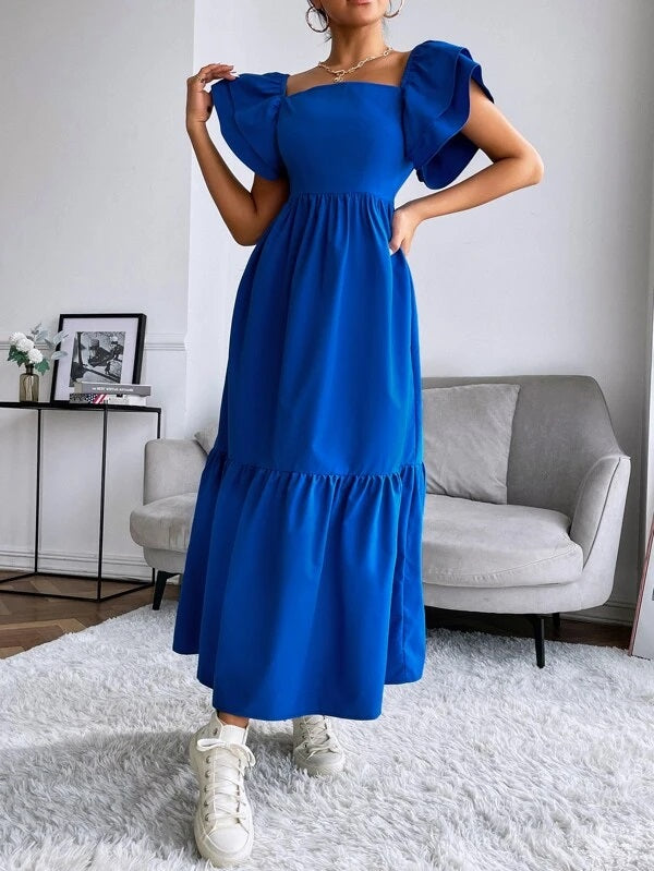 CM-DS186133 Women Trendy Bohemian Style Layered Sleeve Ruffle Hem Dress - Royal Blue