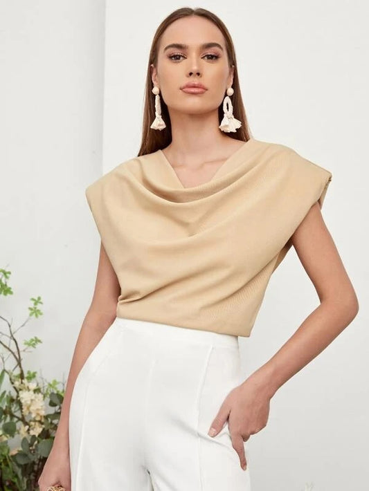 CM-TS705889 Women Elegant Seoul Style Sleeveless Shoulder Pad Cowl Neck Top - Khaki
