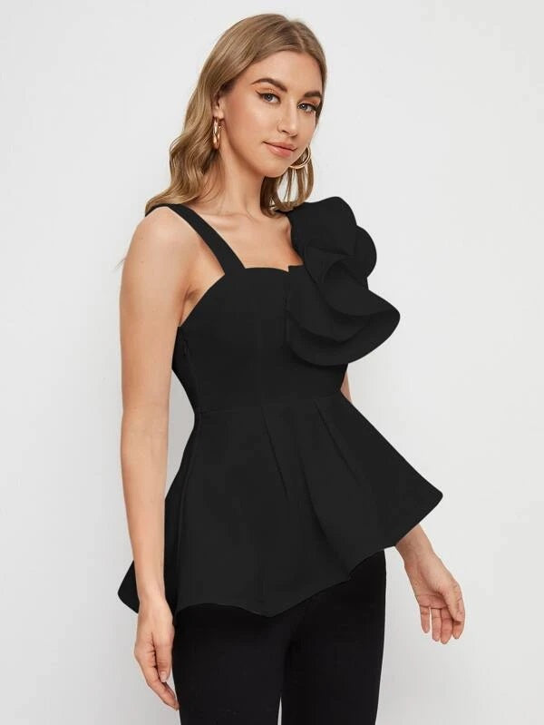 CM-TS089070 Women Elegant Seoul Style Asymmetrical Neck Exaggerated Ruffle Peplum Top