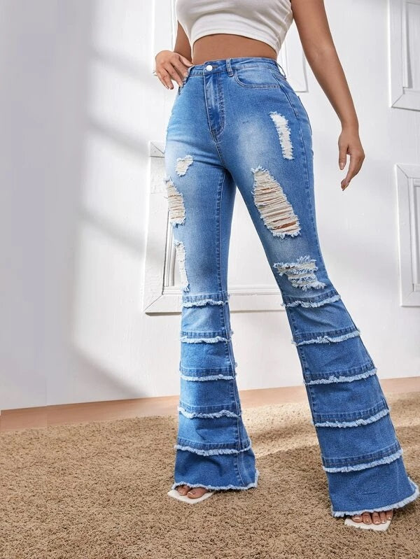 CM-BS481082 Women Casual Seoul Style High Waist Ripped Raw Hem Flare Leg Jeans