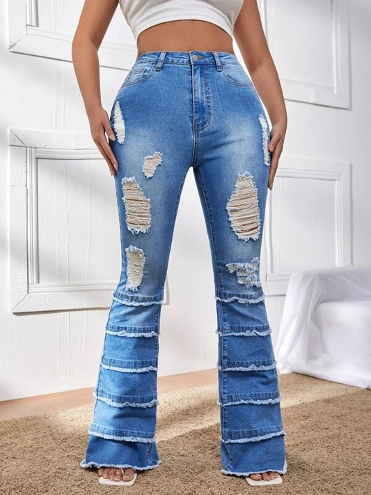CM-BS481082 Women Casual Seoul Style High Waist Ripped Raw Hem Flare Leg Jeans