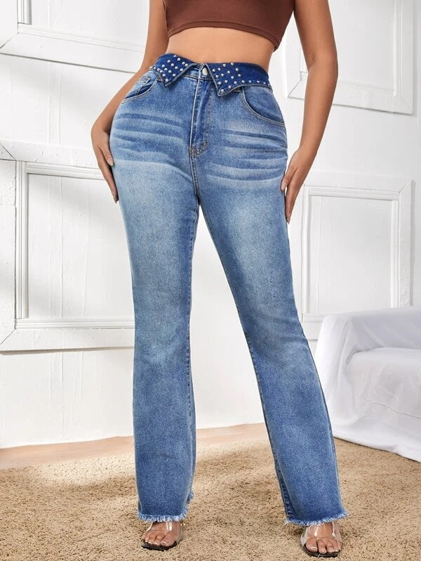 CM-BS216282 Women Casual Seoul Style Studded Fold High Waist Bootcut Jeans