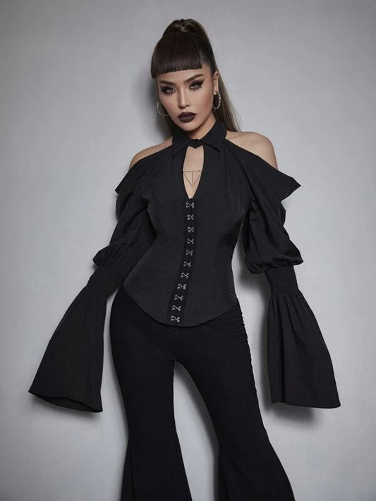 CM-TS663059 Women Elegant Seoul Style Cold Shoulder Bell Sleeve Hook And Eye Placket Top