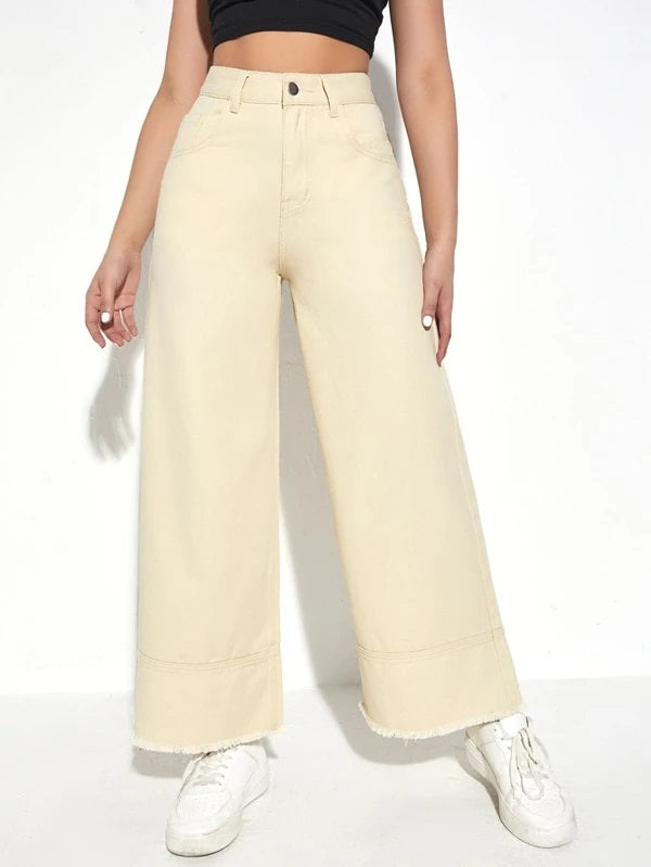 CM-BS744553 Women Preppy Seoul Style High Waist Wide Leg Jeans - Apricot