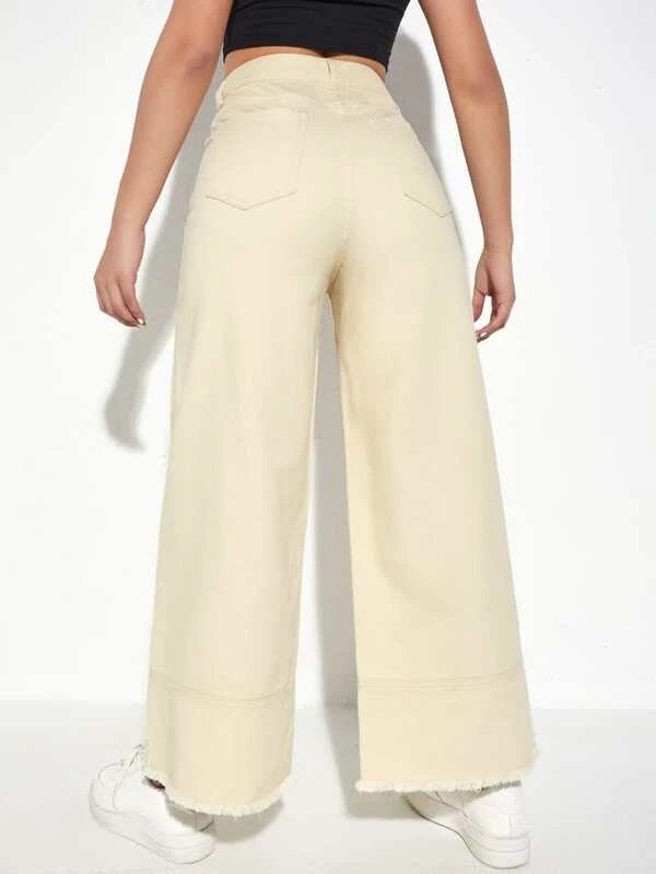CM-BS744553 Women Preppy Seoul Style High Waist Wide Leg Jeans - Apricot