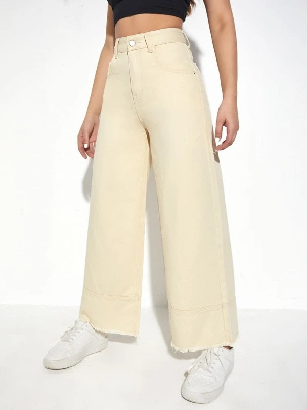 CM-BS744553 Women Preppy Seoul Style High Waist Wide Leg Jeans - Apricot