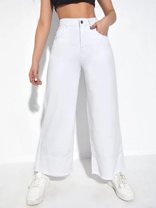 CM-BS372793 Women Preppy Seoul Style High Waist Wide Leg Jeans - White