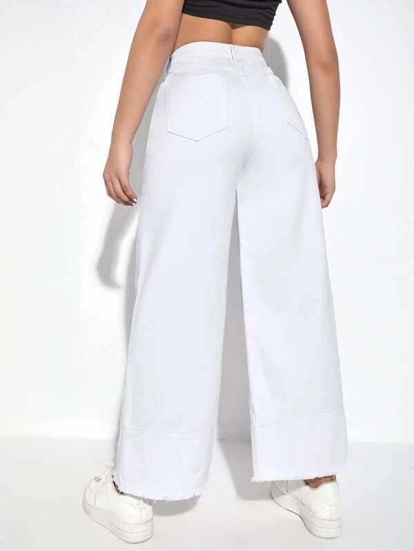 CM-BS372793 Women Preppy Seoul Style High Waist Wide Leg Jeans - White