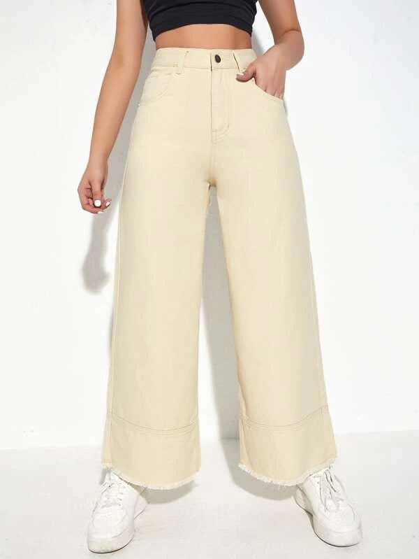 CM-BS744553 Women Preppy Seoul Style High Waist Wide Leg Jeans - Apricot
