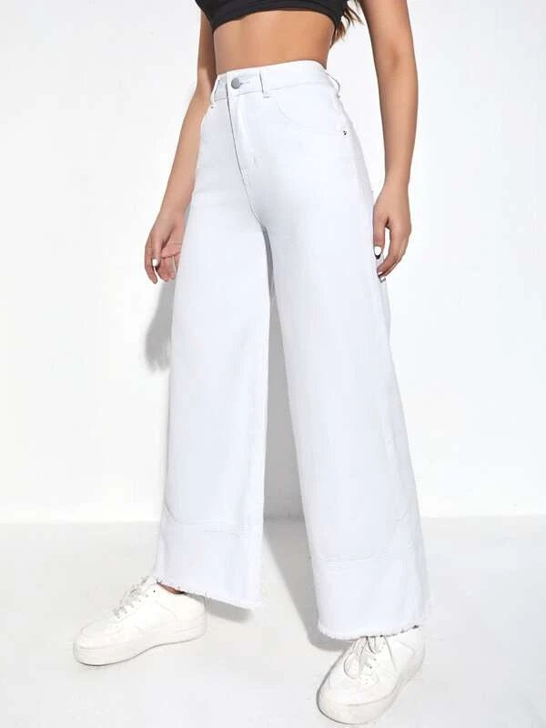 CM-BS372793 Women Preppy Seoul Style High Waist Wide Leg Jeans - White