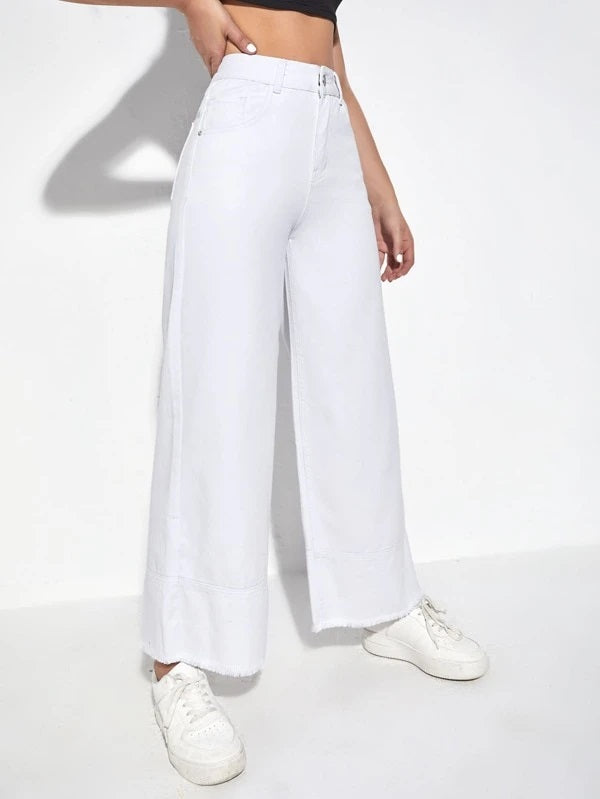 CM-BS372793 Women Preppy Seoul Style High Waist Wide Leg Jeans - White