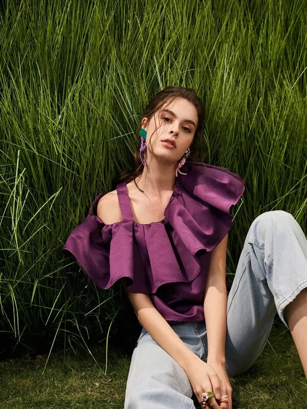 CM-TS034446 Women Trendy Bohemian Style Asymmetrical Ruffle Neck Top - Purple