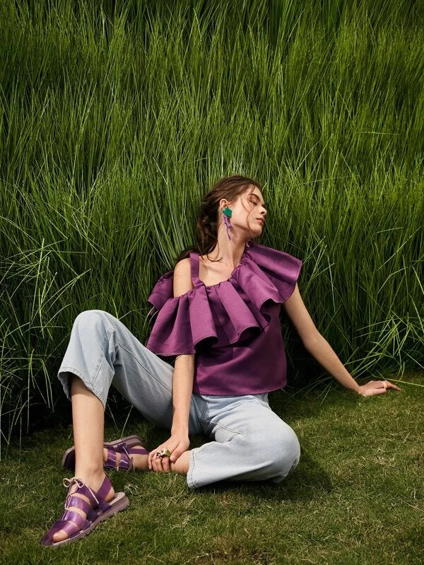 CM-TS034446 Women Trendy Bohemian Style Asymmetrical Ruffle Neck Top - Purple