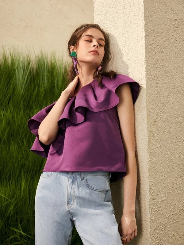 CM-TS034446 Women Trendy Bohemian Style Asymmetrical Ruffle Neck Top - Purple