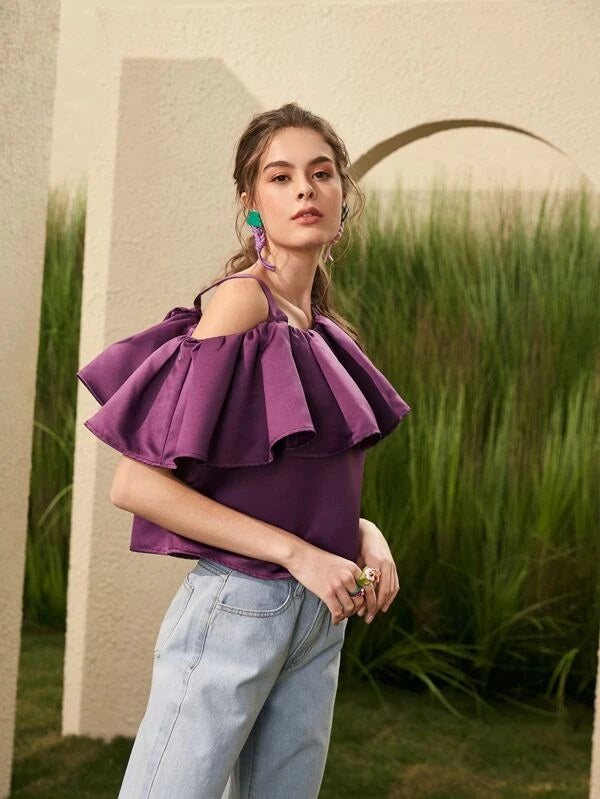 CM-TS034446 Women Trendy Bohemian Style Asymmetrical Ruffle Neck Top - Purple