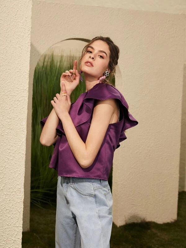 CM-TS034446 Women Trendy Bohemian Style Asymmetrical Ruffle Neck Top - Purple