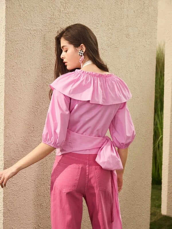 CM-TS828000 Women Trendy Bohemian Style Big Bow Detail Ruffle Trim Top - Baby Pink