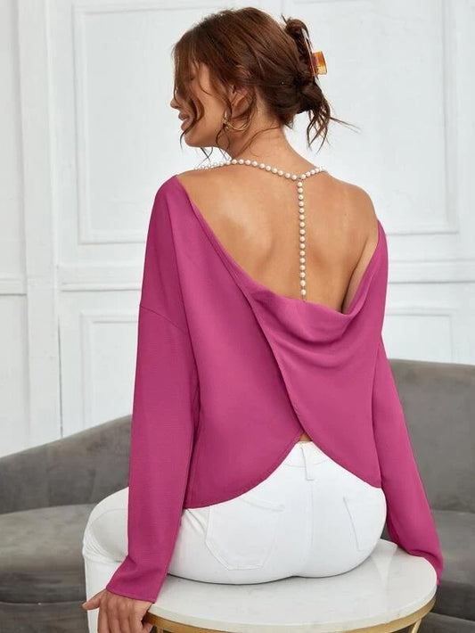 CM-TS566444 Women Casual Seoul Style Pearls Chain Draped Open Back Blouse - Hot Pink