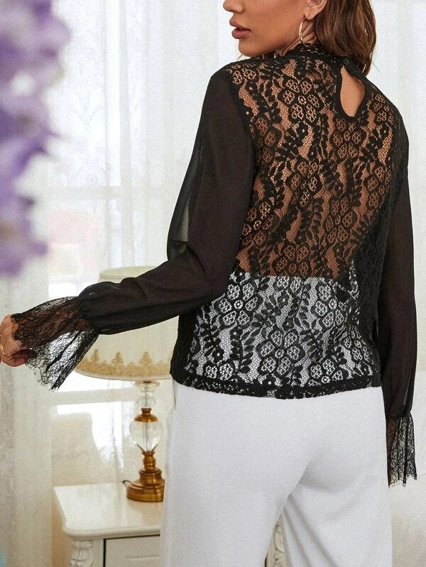 CM-TS726113 Women Elegant Seoul Style Eyelash Lace Flounce Sleeve Blouse - Black
