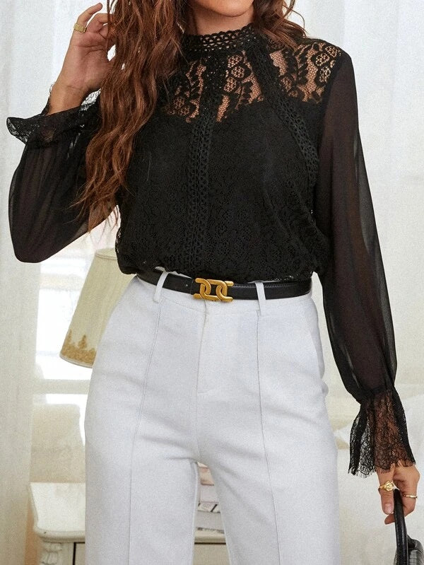 CM-TS726113 Women Elegant Seoul Style Eyelash Lace Flounce Sleeve Blouse - Black