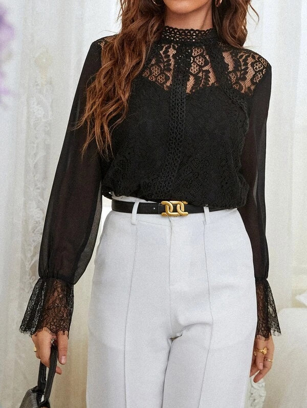 CM-TS726113 Women Elegant Seoul Style Eyelash Lace Flounce Sleeve Blouse - Black