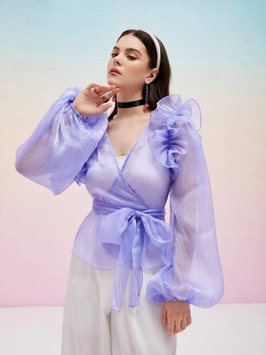 CM-TS572465 Women Elegant Seoul Style Flounce Shoulder Bishop Sleeve Top - Purple