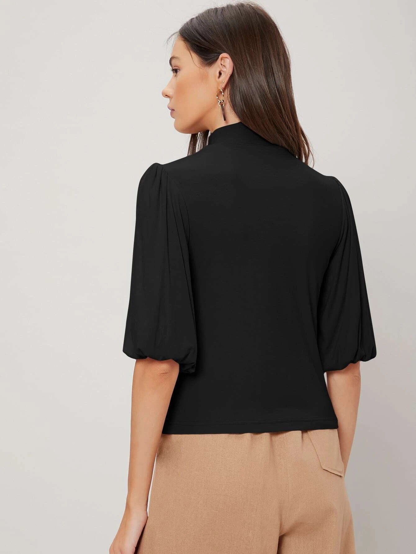 CM-TS485912 Women Casual Seoul Style Half Balloon Sleeve Top - Black