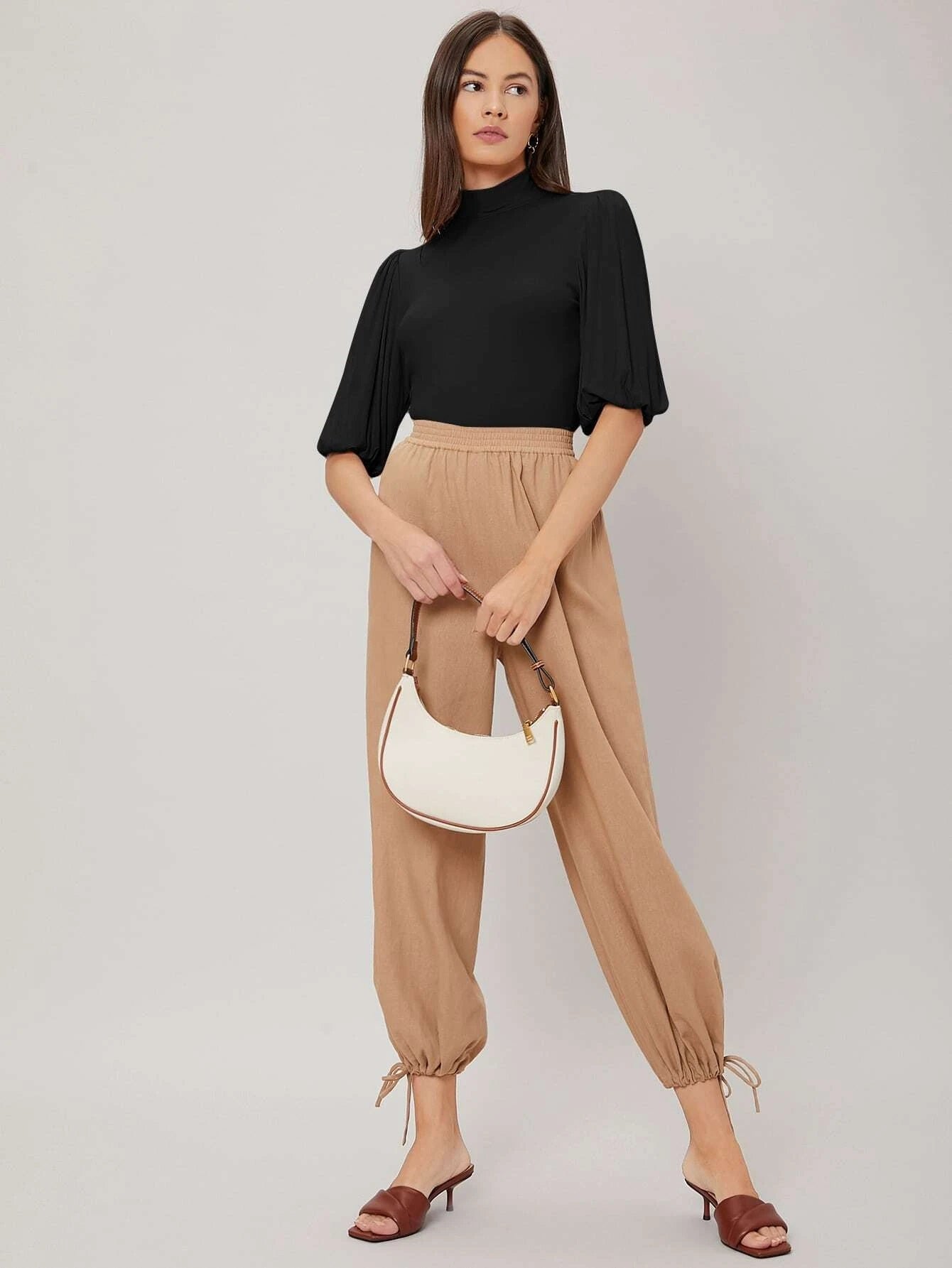 CM-TS485912 Women Casual Seoul Style Half Balloon Sleeve Top - Black
