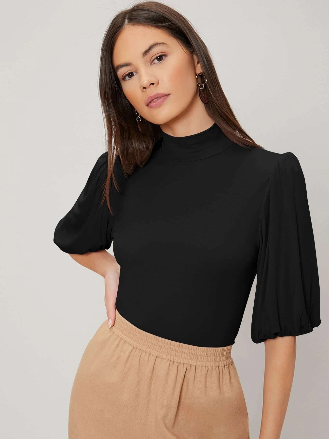 CM-TS485912 Women Casual Seoul Style Half Balloon Sleeve Top - Black