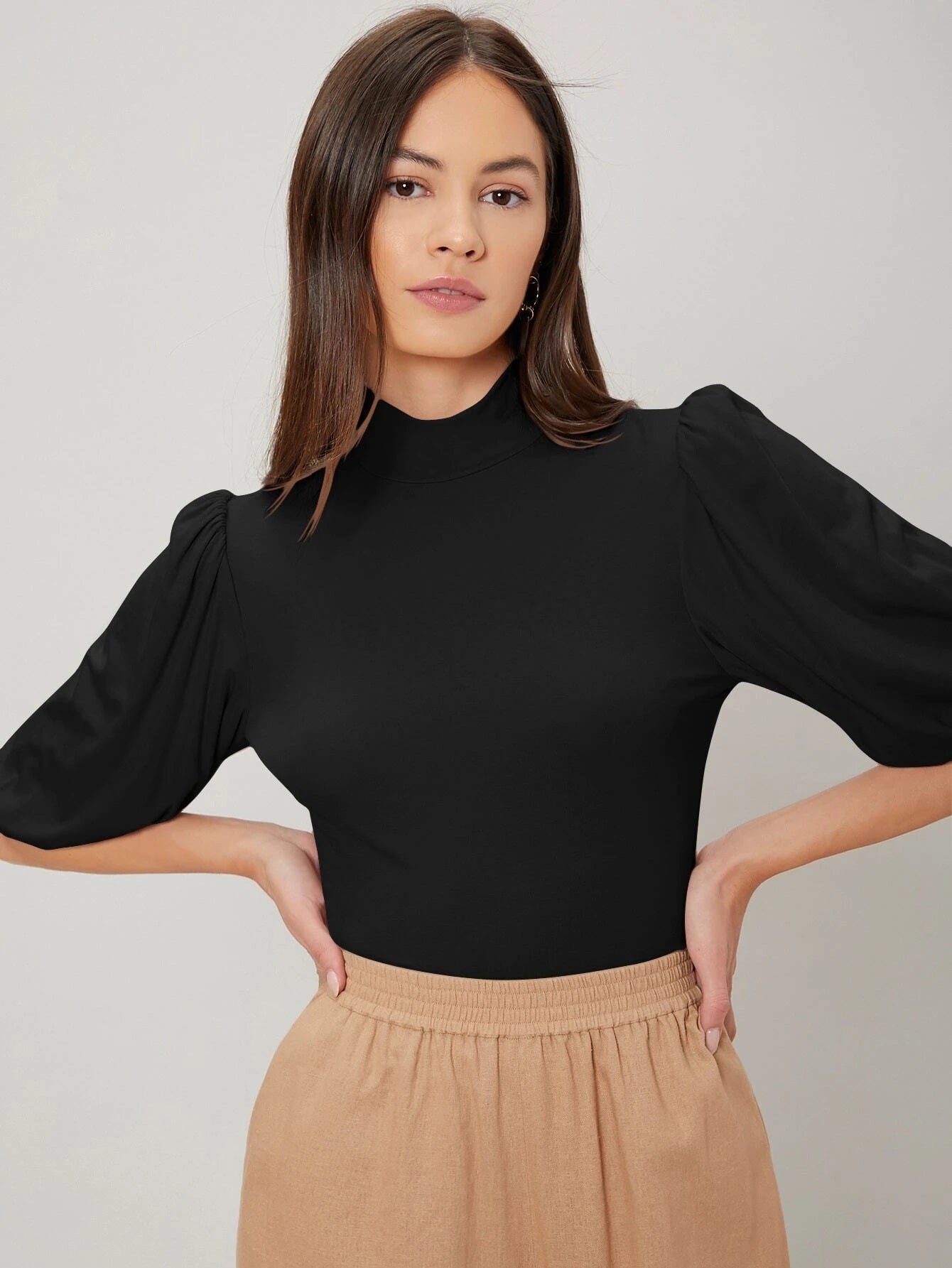 CM-TS485912 Women Casual Seoul Style Half Balloon Sleeve Top - Black
