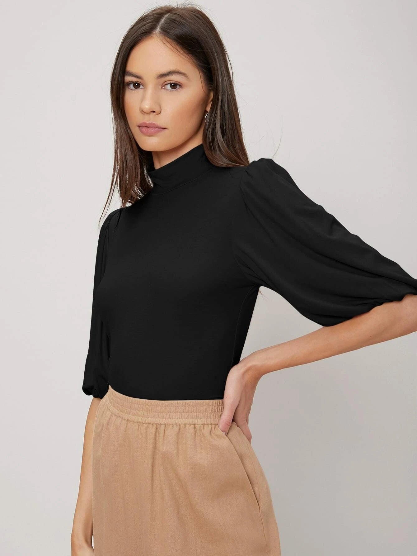 CM-TS485912 Women Casual Seoul Style Half Balloon Sleeve Top - Black