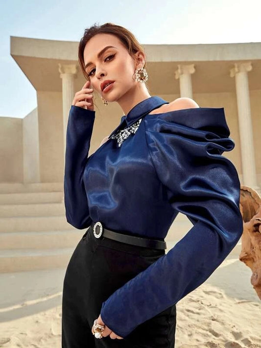 CM-TS247159 Women Elegant Seoul Style Cold Shoulder Gigot Sleeve Rhinestone Detail Top