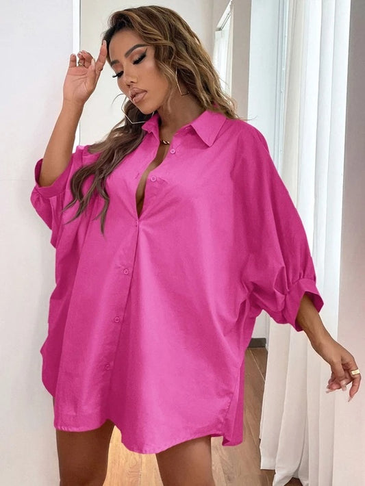 CM-TS953442 Women Casual Seoul Style Dolman Sleeve Button Up Blouse - Hot Pink