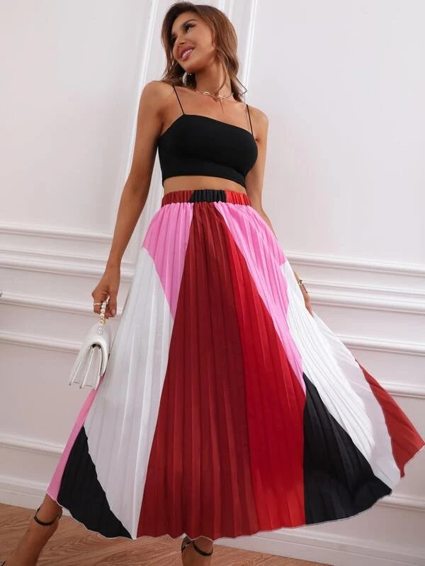 CM-BS767113 Women Elegant Seoul Style High Waist Cut And Sew Pleated Skirt