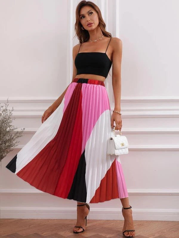 CM-BS767113 Women Elegant Seoul Style High Waist Cut And Sew Pleated Skirt