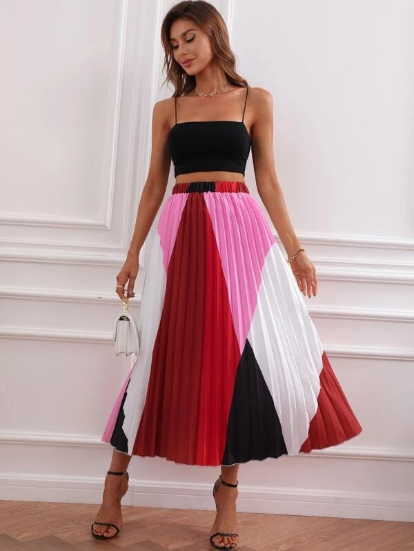 CM-BS767113 Women Elegant Seoul Style High Waist Cut And Sew Pleated Skirt