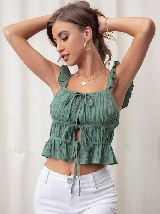 CM-TS116778 Women Trendy Bohemian Style Ruffle Trim Knot Front Textured Crop Top