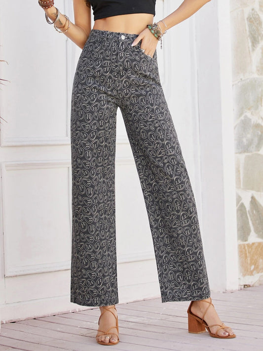 CM-BS357251 Women Casual Seoul Sty Expression Print Wide Leg Jeans - Black